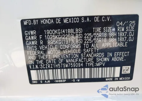2025 Honda Hr-V 2Wd Sport из США, поврежденный, VIN 3CZRZ1H57SM759094